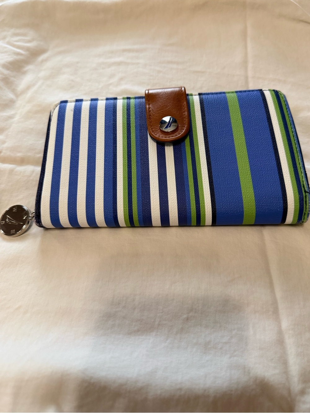 Nautica Blue, Green & White Striped Zip-Around Wallet with Brown Snap Tab